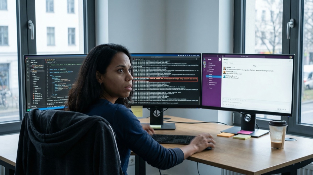 Mariana mirando su pantalla con horror