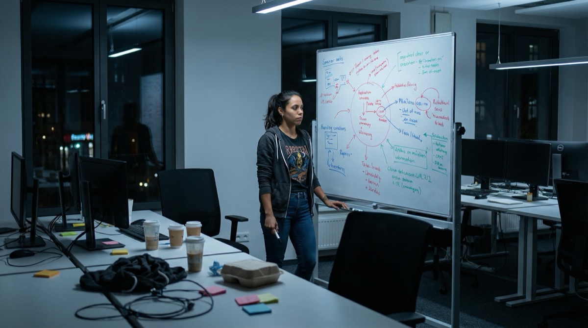 Equipo de desarrollo trabajando toda la noche