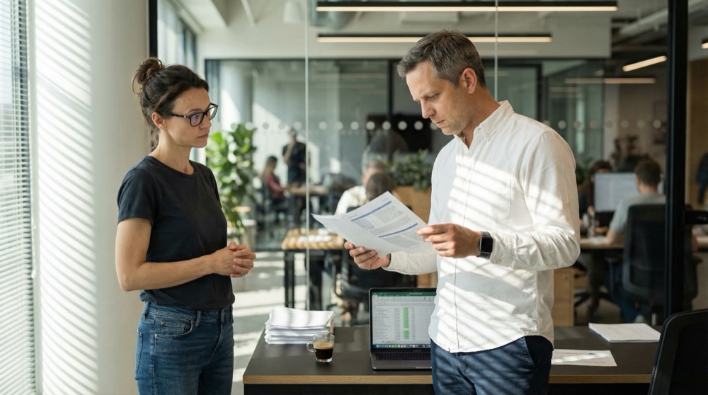 Lukas leyendo un reporte impreso, silencioso