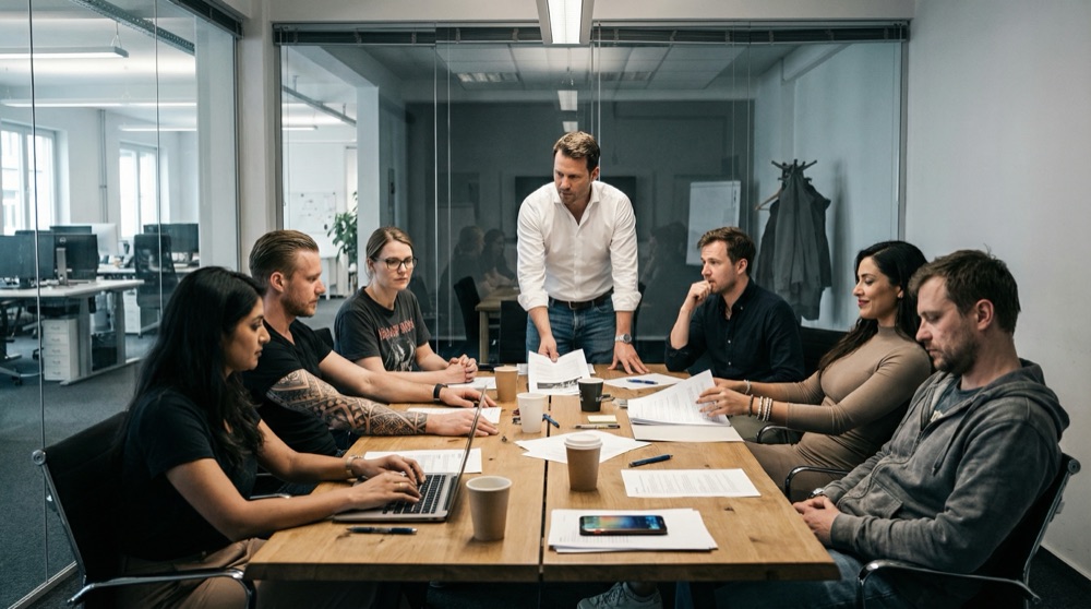 Jefes de departamento reaccionando a un reporte en una reunión
