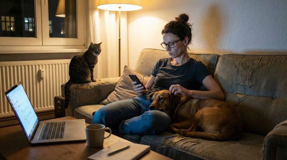 Katja mirando un mensaje de Slack tarde en la noche