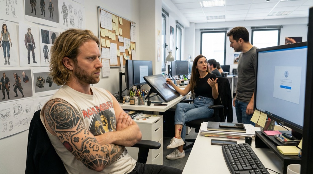 Lars sentado en su escritorio, brazos cruzados