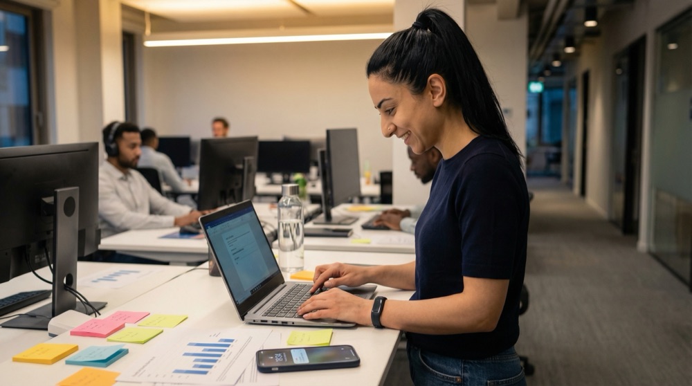 Elif en su escritorio escribiendo en Navigator