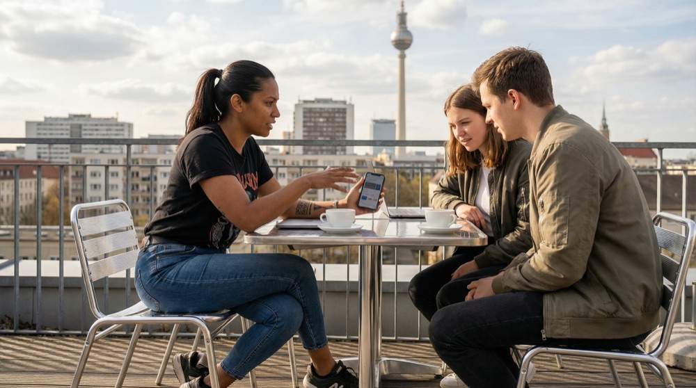 Mariana hablando con desarrolladores junior