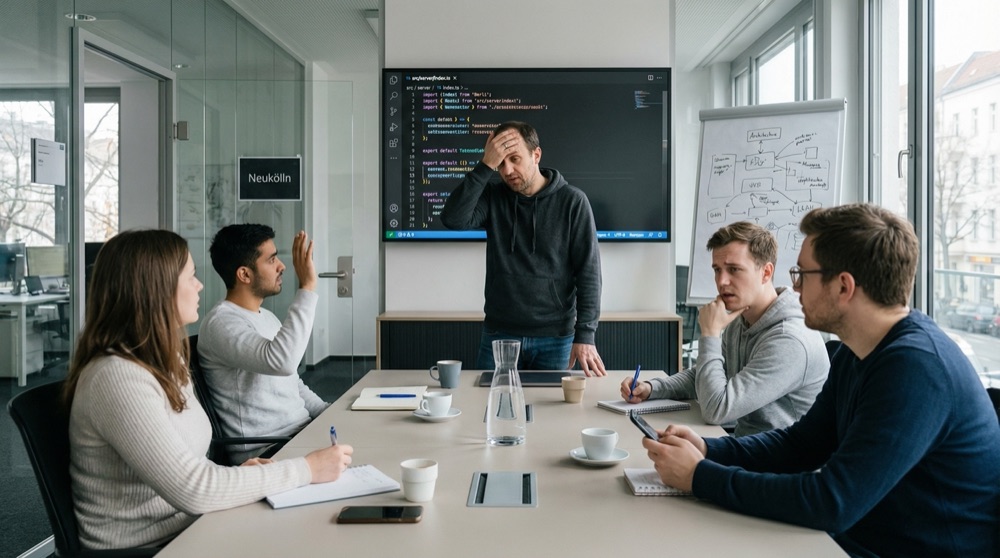 Tomasz facing four expectant new hires in conference room