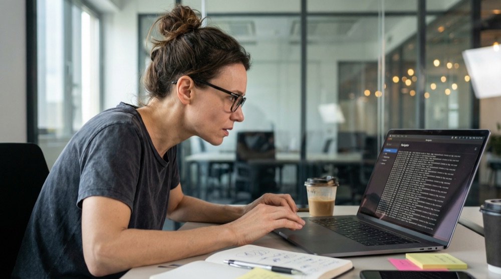 Katja at her desk reviewing Navigator logs on her screen, concerned expression