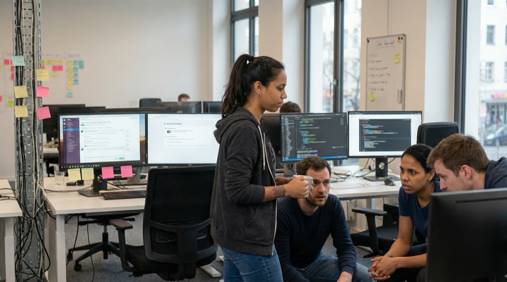 Four new developers at their desk cluster, staring at code with confused expressions