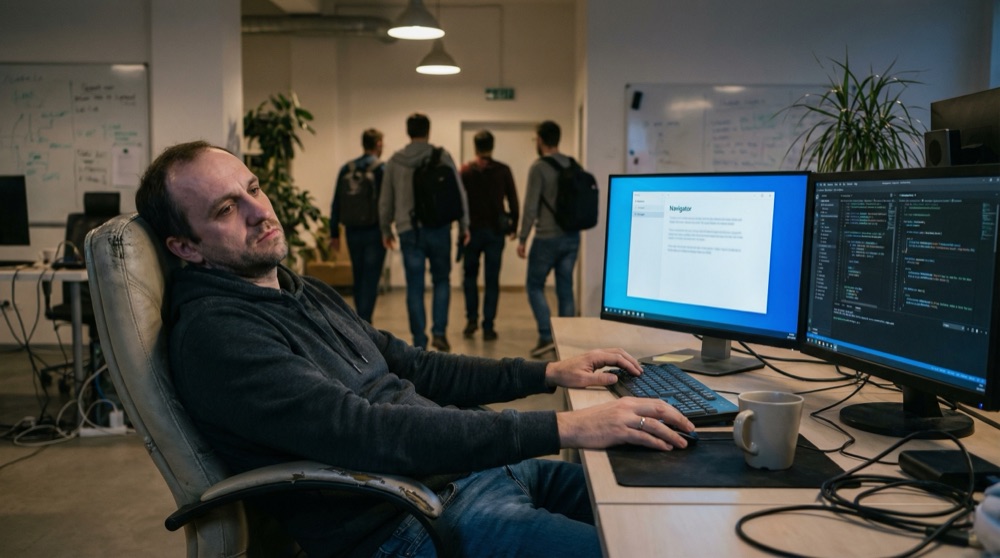 Four new hires packing up laptops at the end of their first day, uncertain expressions