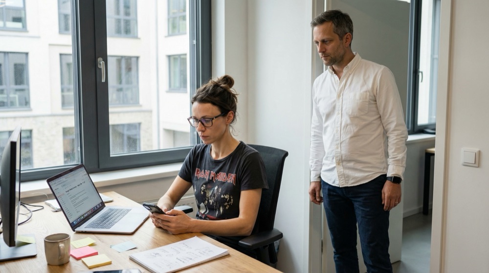 Katja and Lukas in office reviewing Navigator synthesis report on tablet