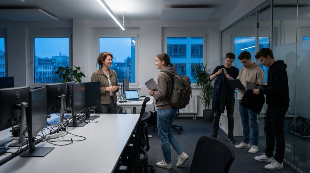 Sofia Mendez at her desk in the evening, closing her laptop with a slight smile