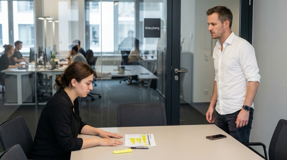 Ayşe sentada frente a Lukas en una sala de conferencias con paredes de vidrio