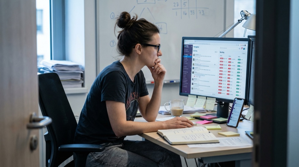 Katja en su escritorio revisando el feed de Navigator en su pantalla, barbilla apoyada en la mano, expresión sombría