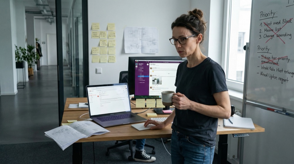 Katja leyendo la síntesis semanal de Navigator en su pantalla, expresión tornándose sombría mientras los patrones se hacen claros