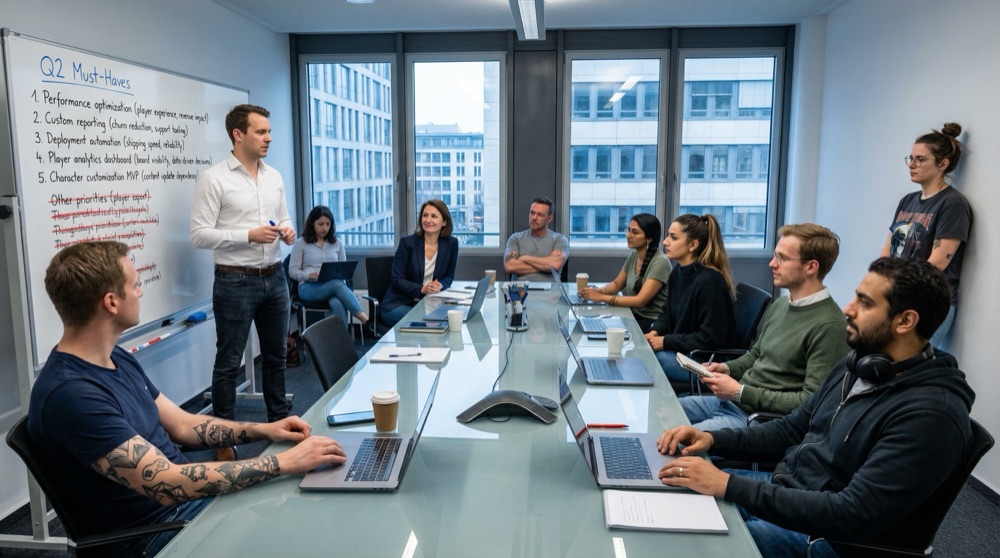 Pizarra blanca mostrando exactamente cinco items listados bajo Must-Haves de Q2, una larga lista de items tachados debajo, jefes de departamento sentados a la mesa