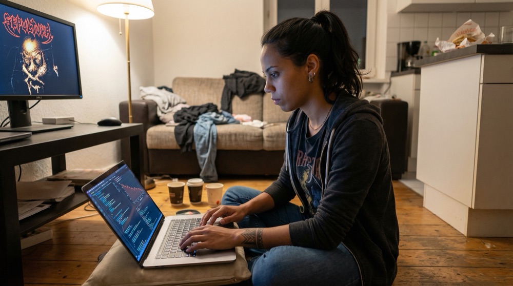 Un laptop en el suelo de un apartamento desordenado, la portada del álbum de Sepultura brillando en un segundo monitor, un envoltorio de döner abierto en la encimera de la cocina