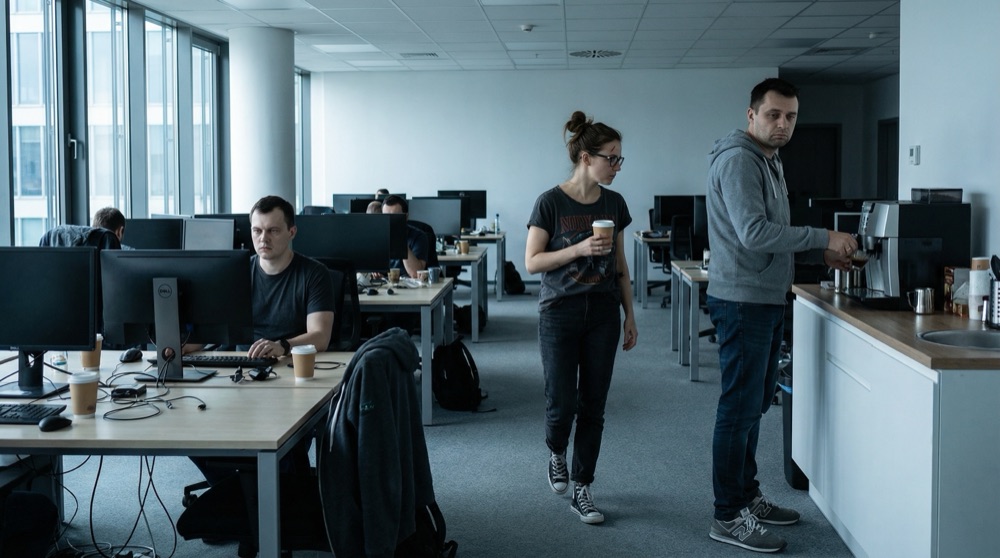 Piso de oficina semi-vacío, unos pocos desarrolladores en sus escritorios luciendo exhaustos, luz de mañana por las ventanas de piso a techo, Anton mirando su pantalla apagada