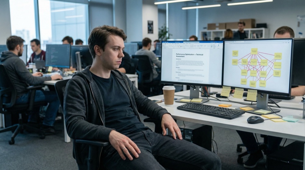 El segundo monitor de Anton lleno con un extenso diagrama de dependencias en amarillo y rojo, su expresión sombría, un café frío olvidado en el escritorio