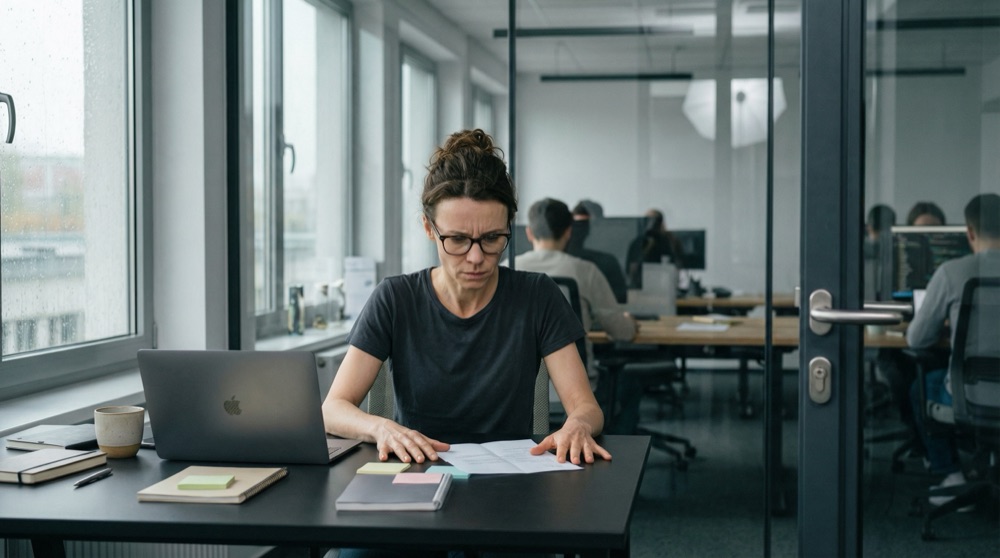 Nahaufnahme eines gefalteten weißen A4-Briefs auf dunkler Schreibtischoberfläche, Katjas Hände liegen flach daneben und zittern leicht, unscharfe Glaswände dahinter zeigen die Entwickleretage