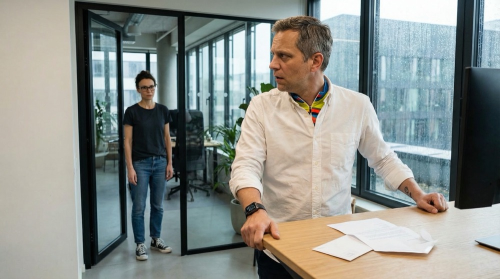 Lukas an seinem Stehpult, Radtrikot unter dem Hemd sichtbar, dreht sich zu Katja um, die in seiner Tür steht, sein Gesichtsausdruck wechselt zwischen Unglaube und Berechnung