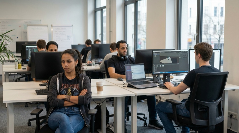 Halbleere Entwickleretage, Entwickler an ihren Schreibtischen starren auf Bildschirme ohne zu tippen, eine besondere Qualität der Stille sichtbar in der Körpersprache, Marianas Schreibtisch im Vordergrund mit unberührtem Kaffee