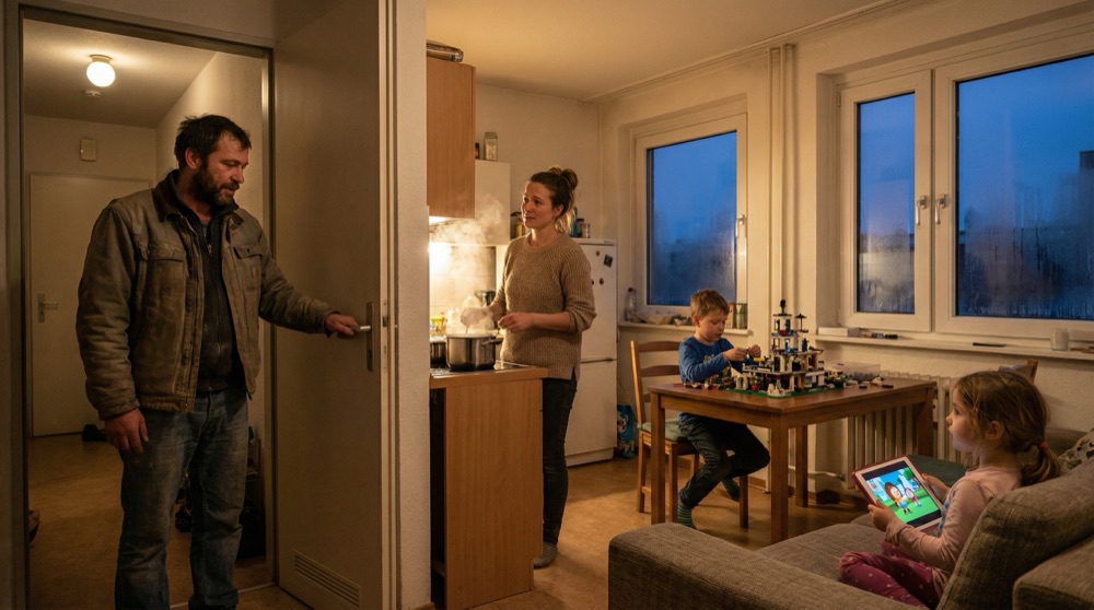 Tomasz in der Tür einer warmen Plattenbauwohnung, zwei Kinder sichtbar im Wohnzimmer, seine Frau Agnieszka am Herd dreht sich zu ihm um, Dampf steigt aus einem Suppentopf