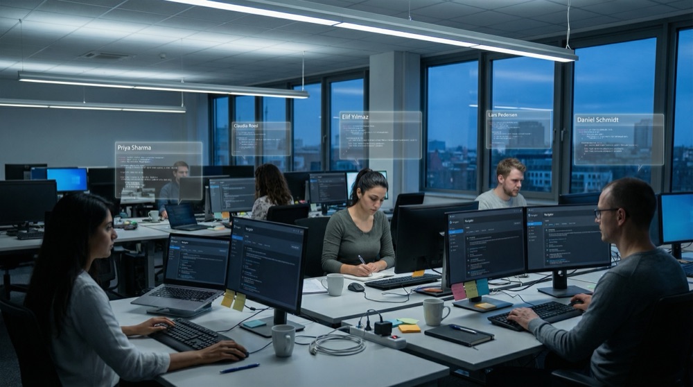 Mehrere Entwickler-Arbeitsplätze, jede Person pausiert mitten in der Arbeit und tippt in Navigator, die Logs schweben als überlagerte Textfragmente über dem Bild
