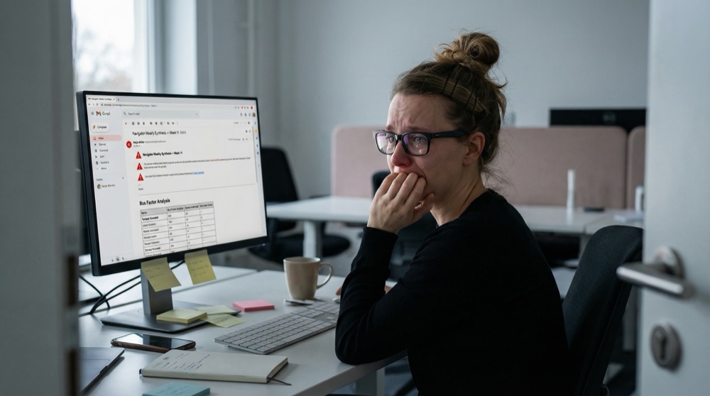 Katja an ihrem Schreibtisch liest die Synthese-E-Mail, Hand gegen den Mund gepresst, Bildschirm zeigt den Wochenbericht mit roten Warnanzeigen und einer Bus-Faktor-Tabelle