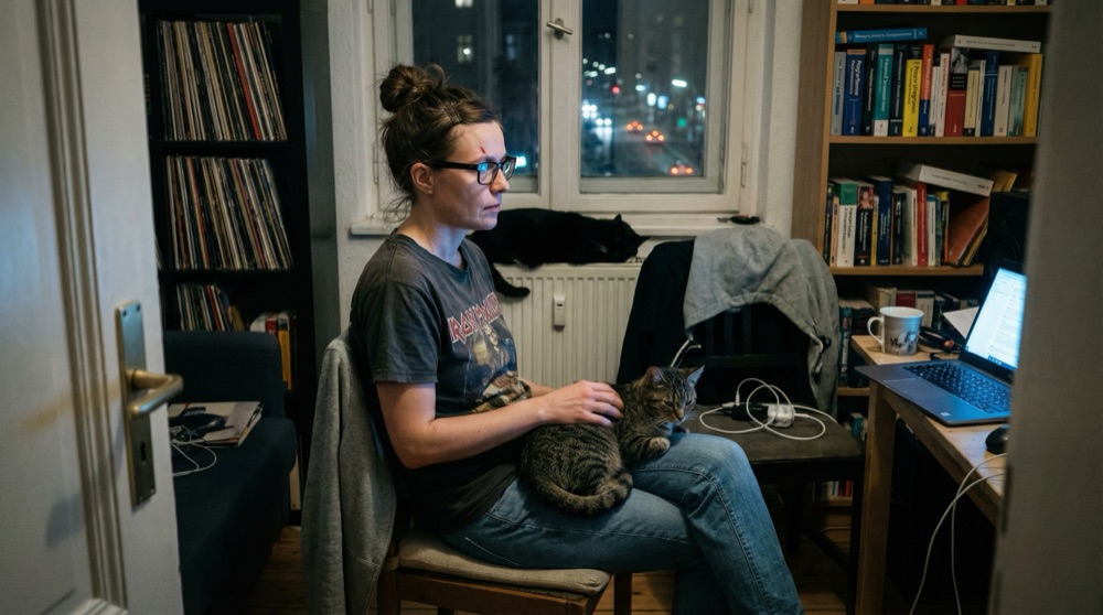 Katjas kleine Wohnung bei Nacht, Laptop leuchtet auf dem Schreibtisch, eine Katze schläft auf der Heizung, Schallplatten in Regalen, das blaue Bildschirmlicht erhellt ihr Gesicht beim Tippen