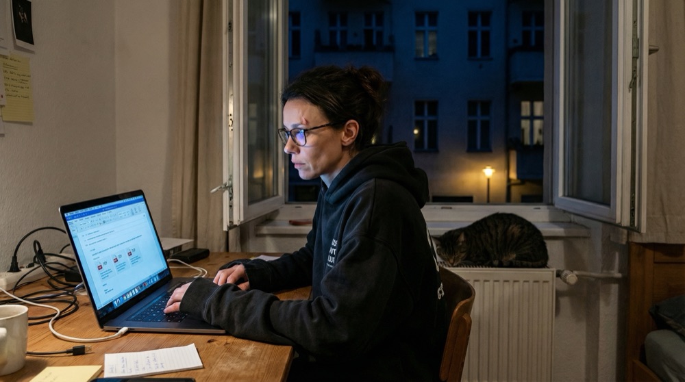 Katja an ihrem kleinen Schreibtisch zu Hause bei Nacht, Laptop-Bildschirm wirft blaues Licht auf ihr Gesicht, E-Mail-Entwurf sichtbar, Kater Turing schläft auf der Heizung hinter ihr, offenes Fenster zeigt ruhigen Kreuzberger Hinterhof
