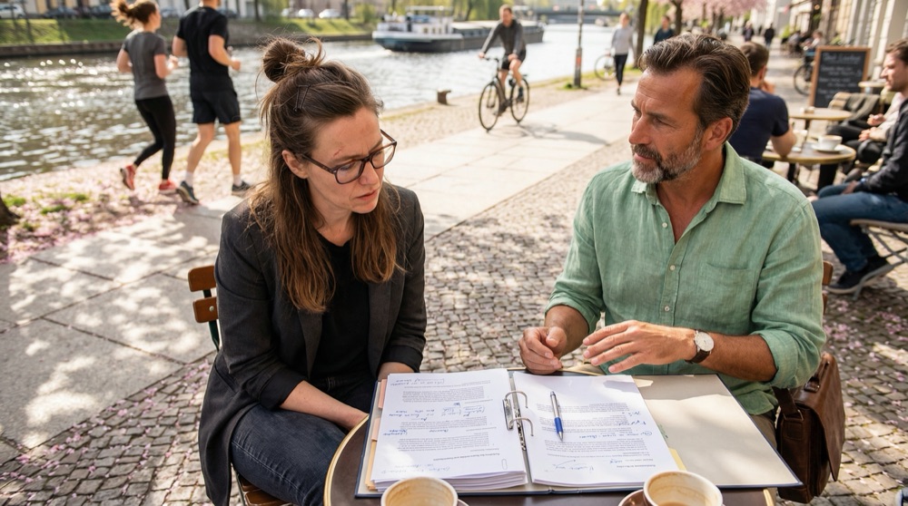 Stefan und Katja sitzen an einem kleinen Außentisch am Paul-Lincke-Ufer, Kanalwasser glitzert hinter ihnen, kommentierte Ausdrucke zwischen zwei Kaffeetassen ausgebreitet, Kirschblütenblätter auf dem Kopfsteinpflaster