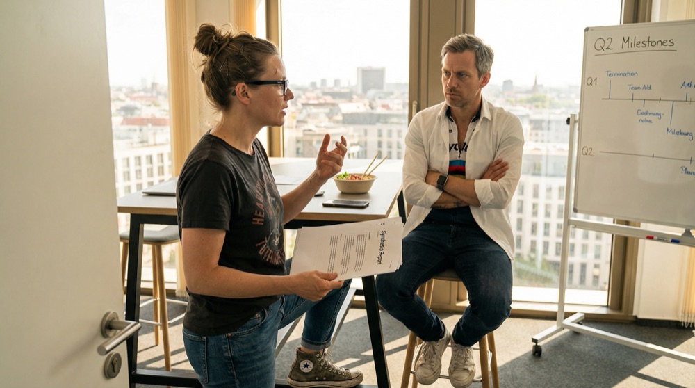 Katja steht vor Lukas' Schreibtisch und gestikuliert beim Sprechen, Lukas sitzt auf seinem Schreibtischhocker, Fahrradtrikot unter dem aufgeknöpften Hemd sichtbar, Arme verschränkt, Nachmittagssonne durch raumhohe Fenster, Whiteboard mit Q2-Meilensteinen hinter ihm