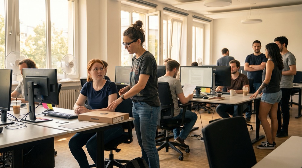 Emma O'Sullivan an ihrem neuen Schreibtisch am ersten Tag, während Katja sie begrüßt