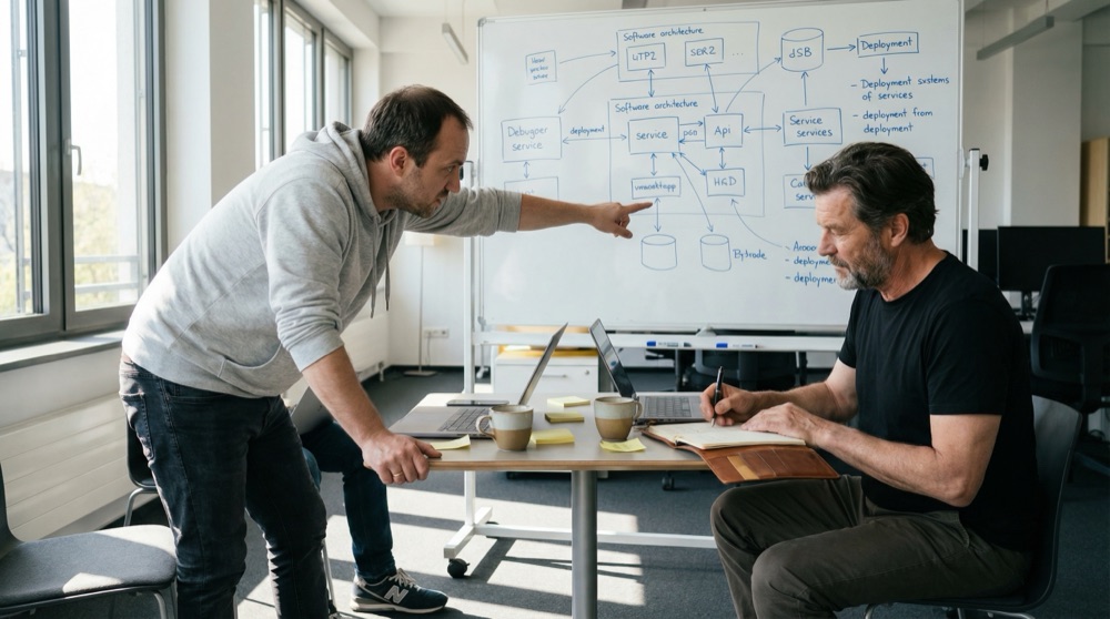 Tomasz und Stefan machen Architekturentscheidungen in einer ruhigen Ecke des Büros sichtbar