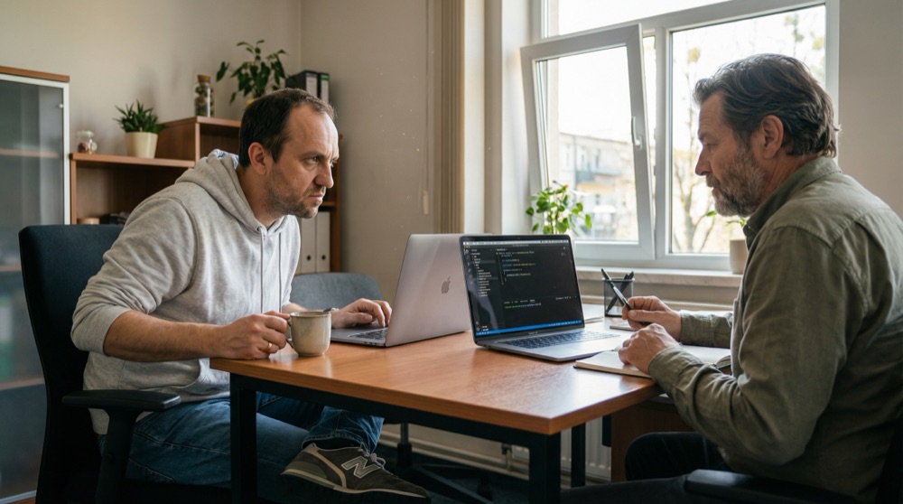 Tomasz und Stefan am Schreibtisch beim Schreiben von Architektur- und Deployment-Dokumentation