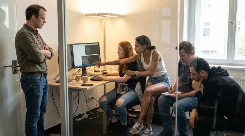 Emma am Tisch mit externem Monitor. Mariana steht hinter ihrem Stuhl. Stefan sitzt seitlich mit offenem Notizbuch. Daniel steht an der Tür mit verschränkten Armen.