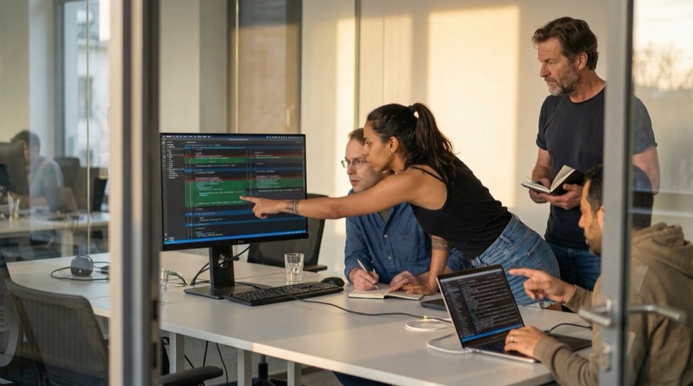 Gläserner Meetingraum: Mariana, Daniel, Hassan und Stefan prüfen Tomasz' Pull Request auf einem gemeinsamen Monitor