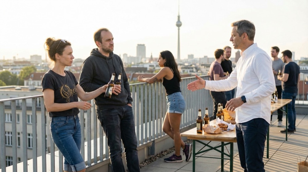 Abschied auf der Dachterrasse in Kreuzberg, Tomasz steht abseits in seinem grauen Hoodie bei Abendsonne