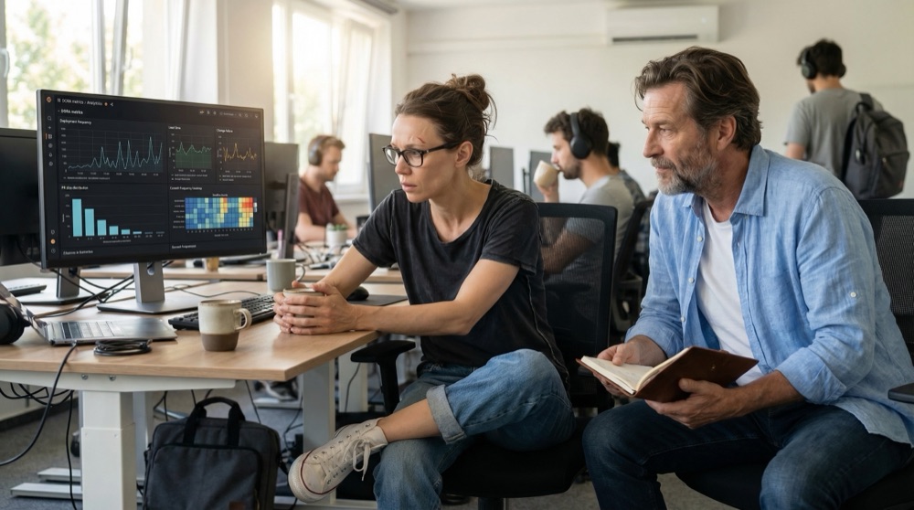 Katja und Stefan Seite an Seite an ihrem Schreibtisch, über den Monitor gebeugt, auf dem eine DORA-Basislinie neben Navigators Wochensynthese zu sehen ist