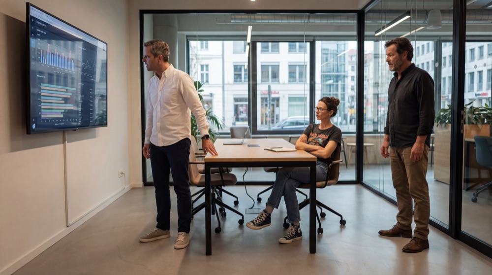 Lukas, Katja und Stefan in einem Konferenzraum, während sie Navigators Synthese und eine DORA-Basislinie auf einem Wanddisplay prüfen