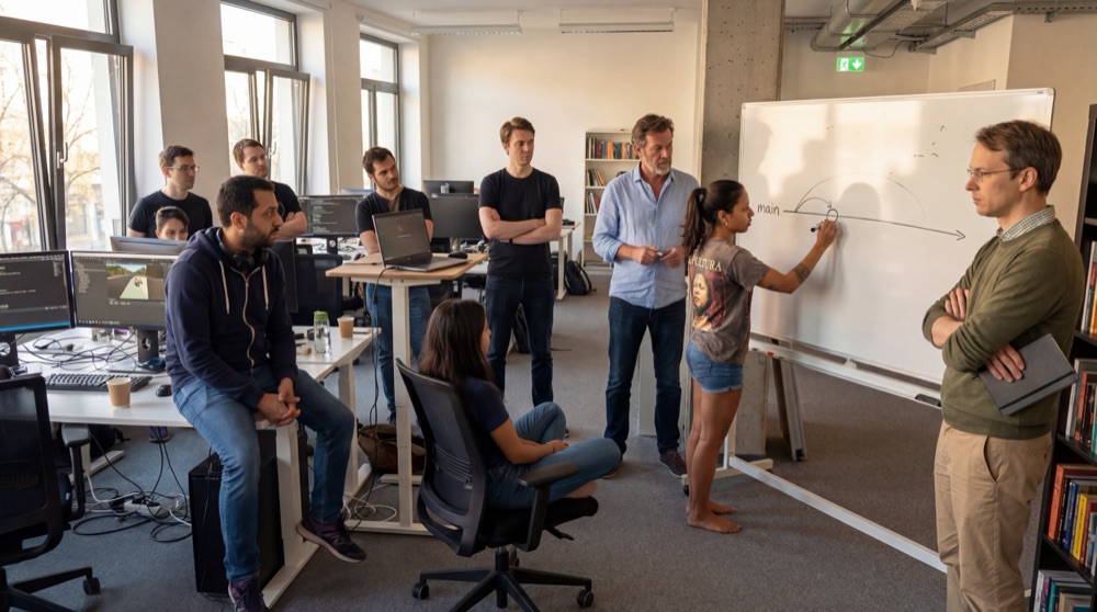 Team um ein Whiteboard versammelt, während Stefan einen Workflow rund um einen einzigen main-Branch präsentiert