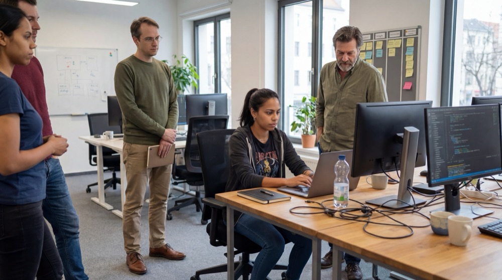 Mariana an ihrem Stehschreibtisch, während das Backend-Team beobachtet, wie der erste kleine PR durch CI läuft