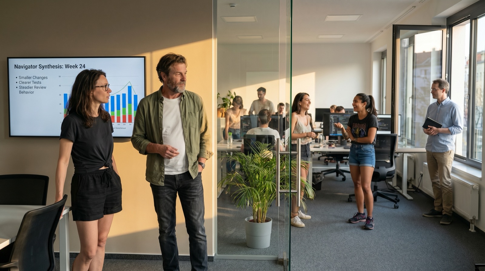 Katja und Stefan in einem gläsernen Konferenzraum, während sie Navigator auf einem Wanddisplay prüfen, das die Wochensynthese zu kleineren Änderungen, klareren Tests und stabilerem Review-Verhalten zeigt. Katja trägt ein schwarzes Bandshirt, an der Taille verknotet, schwarze Shorts und weiße Chucks, die Brille auf. Stefan trägt ein weißes T-Shirt unter offenem Leinenhemd mit dunklen Jeans. Durch die Glaswand ist Mariana zu sehen, wie sie mit Sofia im Backend-Cluster lacht, beide in Shorts und Sommertops, während Daniel am anderen Ende der Fläche mit geschlossenem Moleskine steht. Spätes goldenes Juni-Licht, offene Fenster, warme entspannte Freitagabendstimmung.