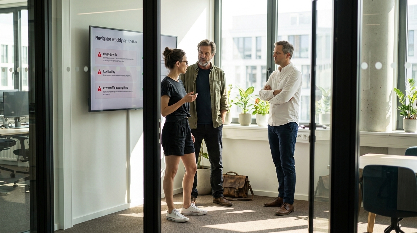 Katja in einem gläsernen Konferenzraum mit Stefan und Lukas, während das Navigator-Display wiederholt Warnungen bezüglich Staging-Parität, Lasttests und Traffic-Annahmen für das Event hervorhebt.