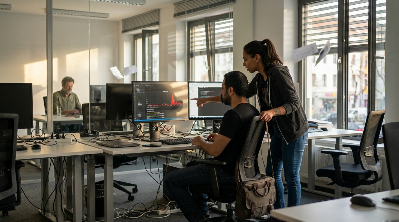Hassan an seinem Schreibtisch mit drei Monitoren, die Server-Metriken anzeigen, während Mariana auf eine Spitze im Graphen zeigt und Stefan durch die Glaswand zuschaut.