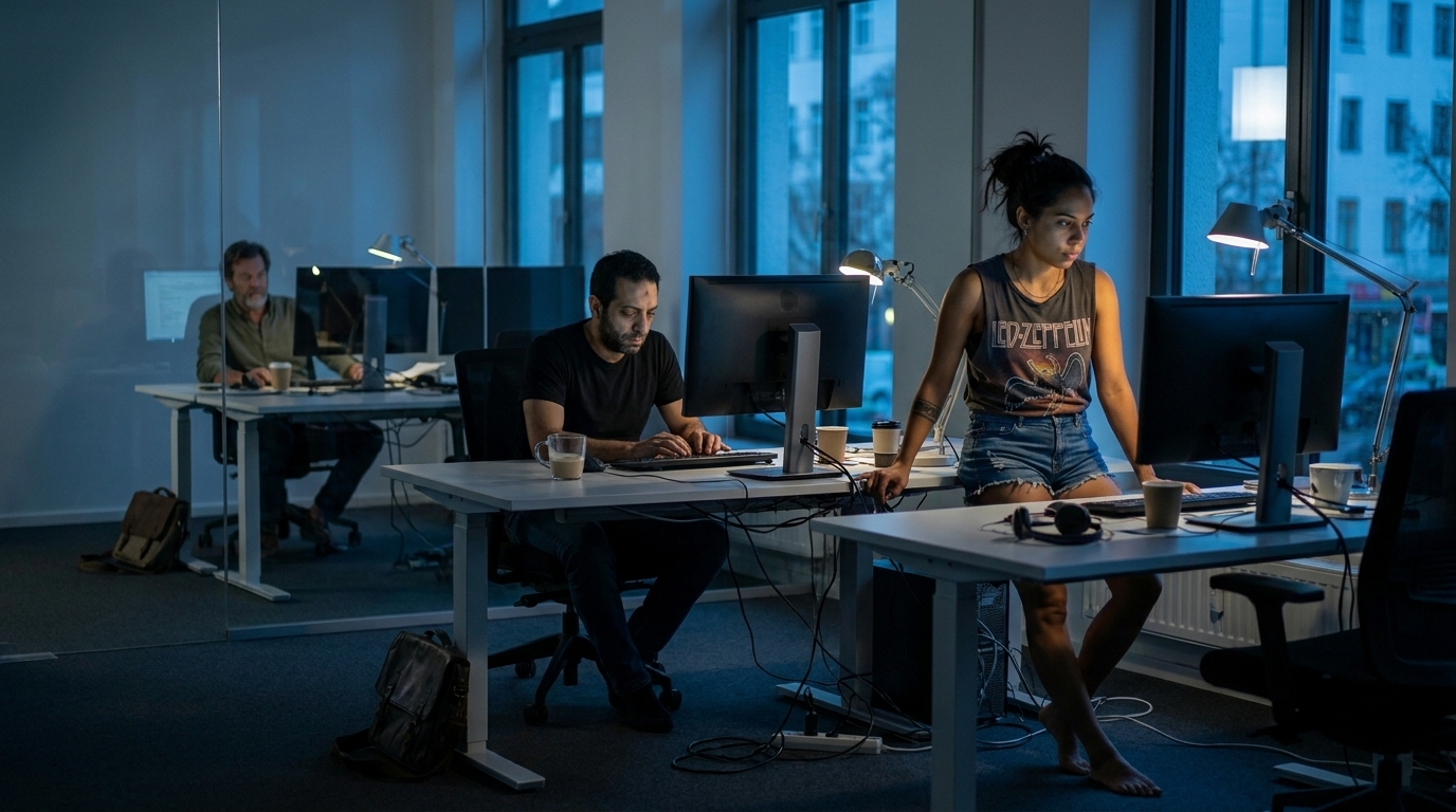 Hassan und Mariana arbeiten spät an ihren Schreibtischen, während Stefan durch die Glaswand zusieht. Das Büro ist weitgehend dunkel, bis auf die beleuchtete Entwicklungsabteilung.