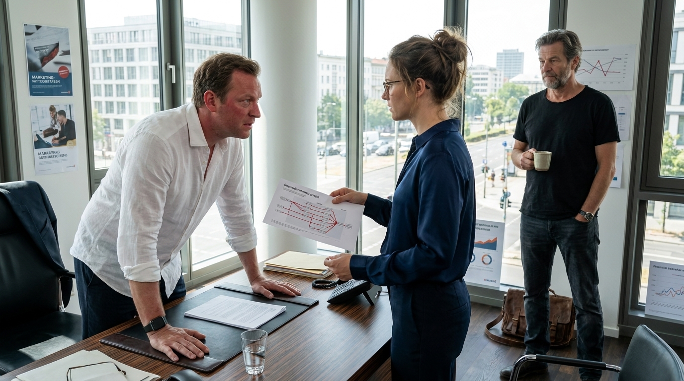 Lukas' Buero, elegant und zugleich voller Marketingposter und Finanzcharts. Lukas steht hinter dem Schreibtisch, Katja haelt ein ausgedrucktes Abhaengigkeitsdiagramm, Stefan steht seitlich mit Kaffeebecher.