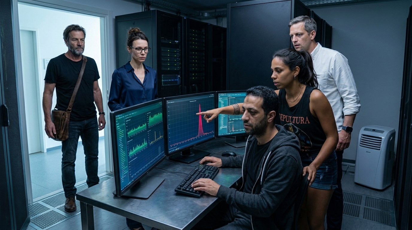 Ein enger Operationsraum. Hassan sitzt vor drei Monitoren mit Performance-Graphen, Mariana zeigt auf einen drastischen Einbruch, Lukas schaut fassungslos zu, Stefan steht in der Tuer.