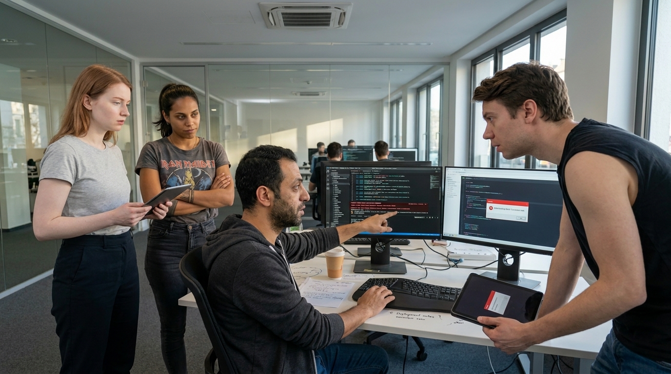 Hassan Al-Rashid zeigt auf Staging-Deploy-Logs, während Anton angespannt danebensteht und Mariana und Sofia aus kurzer Distanz zusehen.