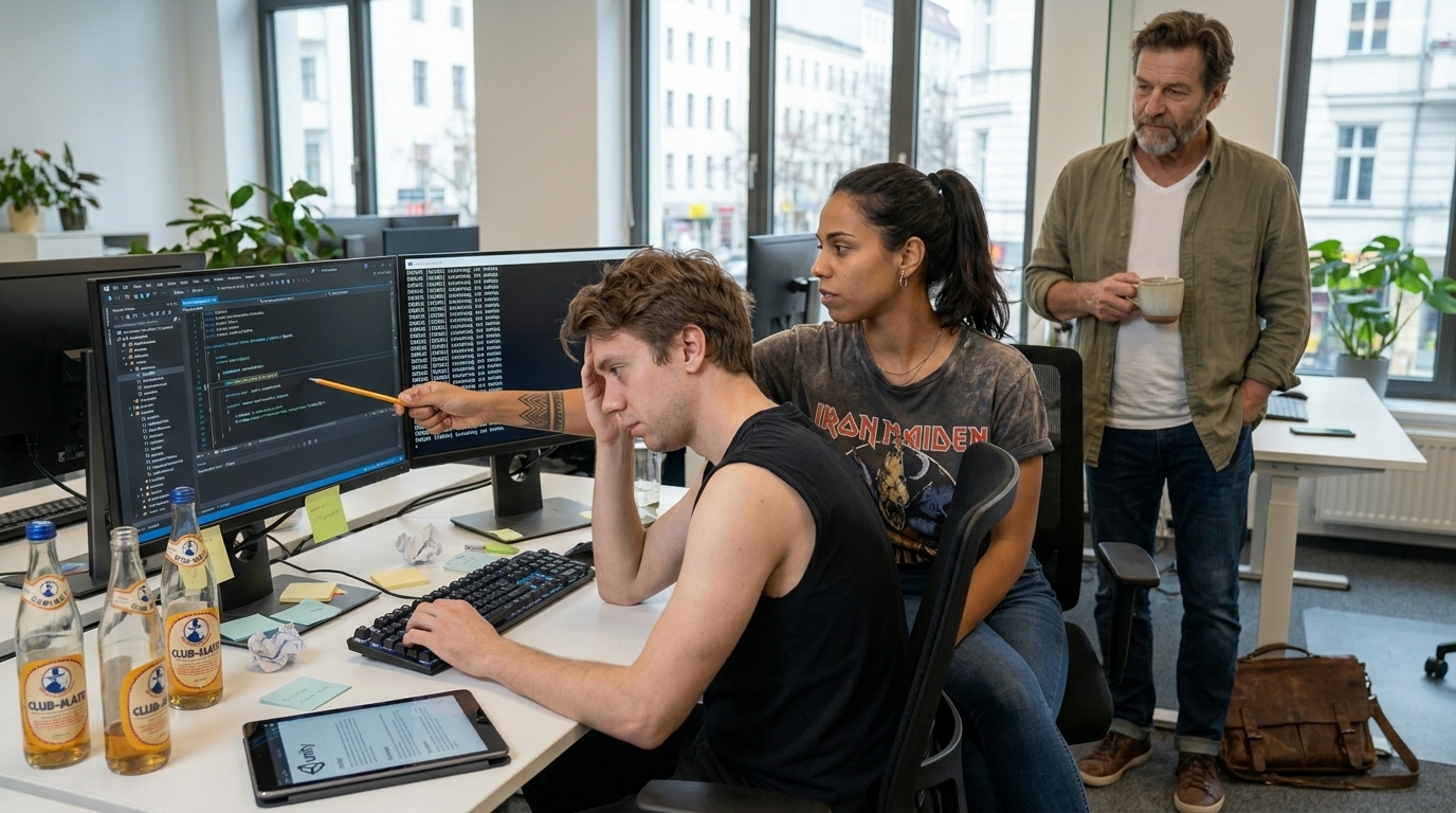 Anton starrt auf wiederholte Debug-Ausgaben, während Mariana auf eine Codezeile zeigt und Stefan hinter ihnen beobachtet.
