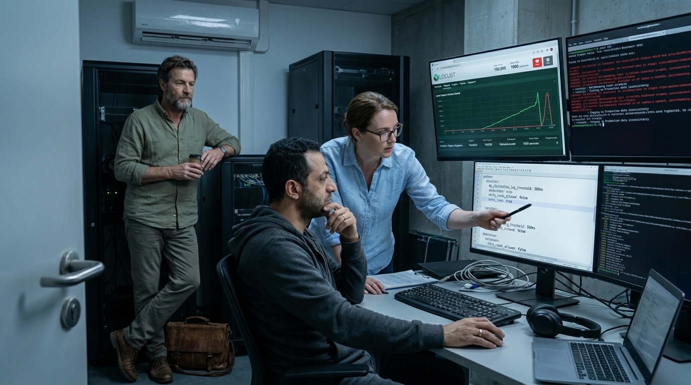 Hassan Al-Rashid studiert die Lasttest-Workstation, während Sofia auf das Script auf dem Monitor zeigt und Stefan Richter neben dem Server-Rack zusieht.